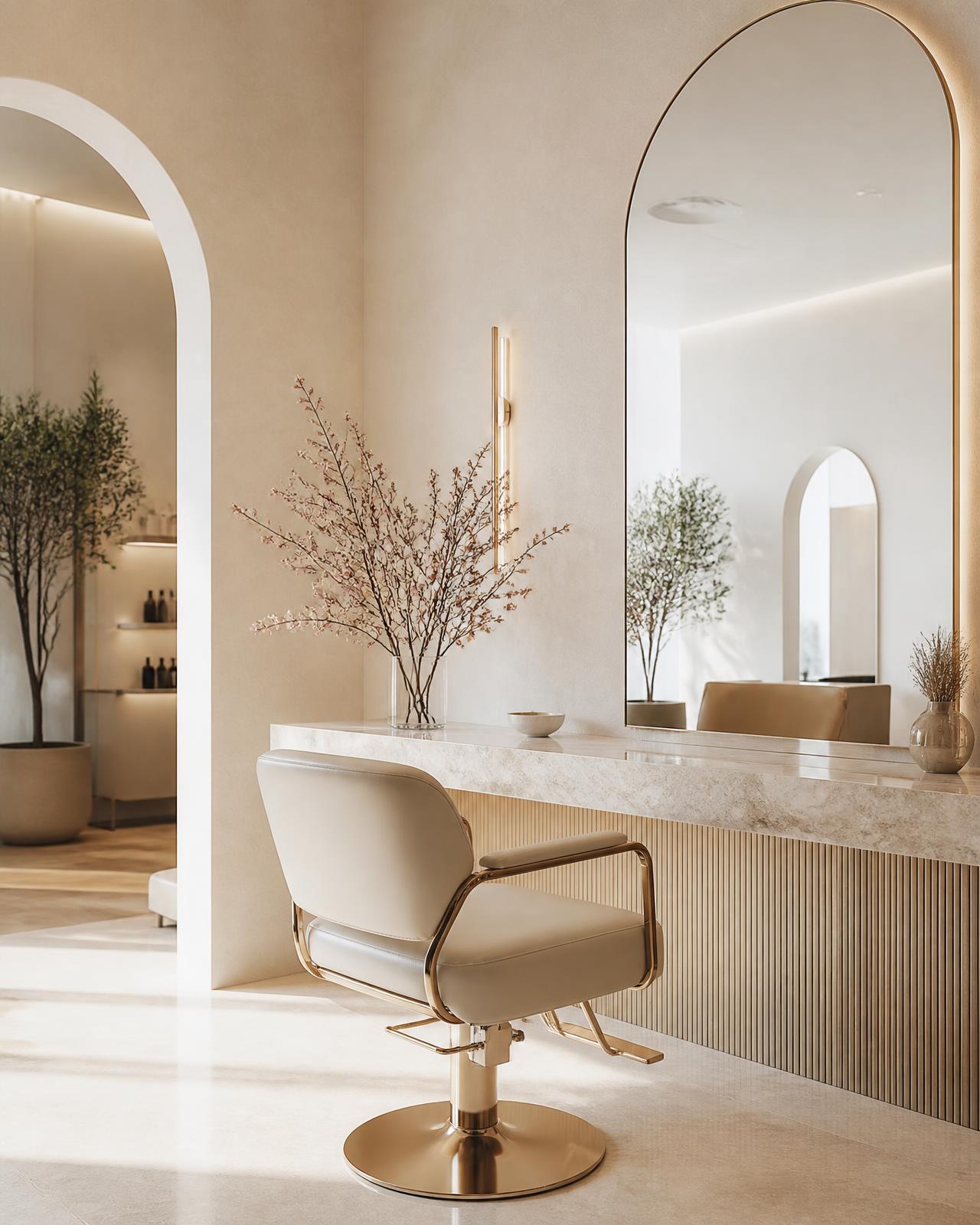 Interior of a minimalist salon studio with arched mirror and cream tones